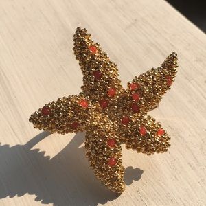 2-Finger Gold Starfish Ring with Coral Beads